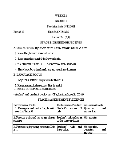 Kế hoạch bài dạy Tiếng Anh Lớp 1 (CV2345) - Tuần 12 - Unit 5: Annimals, Lesson 2 - Năm học 2021-2022 - Phan Thị Phương Thanh