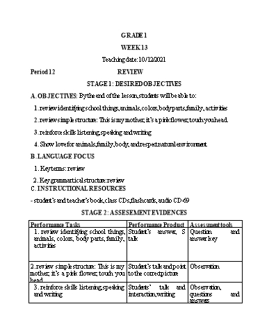 Kế hoạch bài dạy Tiếng Anh Lớp 1 (CV2345) - Tuần 13 - Tiết 12: Reviews - Năm học 2021-2022 - Phan Thị Phương Thanh