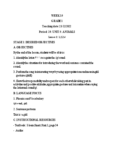Kế hoạch bài dạy Tiếng Anh Lớp 1 (CV2345) - Tuần 15 - Unit 5: Animals, Lesson 2 - Năm học 2022-2023 - Phan Thị Phương Thanh