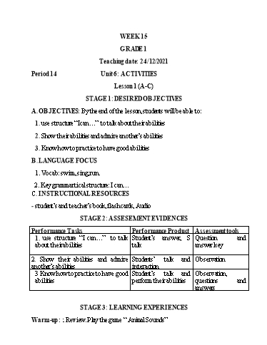 Kế hoạch bài dạy Tiếng Anh Lớp 1 (CV2345) - Tuần 15 - Unit 6: Activities, Lesson 1 - Năm học 2021-2022 - Phan Thị Phương Thanh