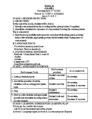 Kế hoạch bài dạy Tiếng Anh Lớp 1 (CV2345) - Tuần 16 - Unit 5: Animals, Lesson 3 - Năm học 2021-2022 - Phan Thị Phương Thanh