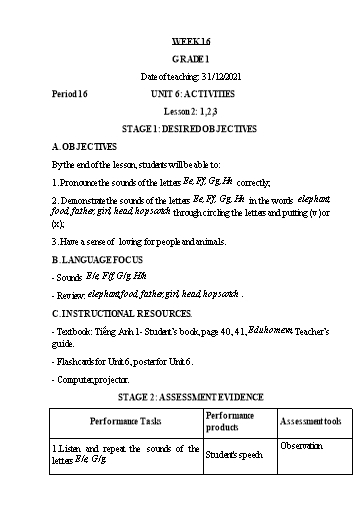 Kế hoạch bài dạy Tiếng Anh Lớp 1 (CV2345) - Tuần 16 - Unit 6: Activities, Lesson 2 - Năm học 2021-2022 - Phan Thị Phương Thanh