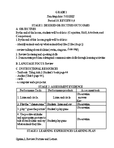 Kế hoạch bài dạy Tiếng Anh Lớp 1 (CV2345) - Tuần 17 - Tiết 18: Review 5+6 - Năm học 2021-2022 - Phan Thị Phương Thanh