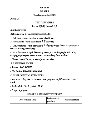 Kế hoạch bài dạy Tiếng Anh Lớp 1 (CV2345) - Tuần 18 - Unit 7: Numbers, Lesson 1 - Năm học 2021-2022 - Phan Thị Phương Thanh