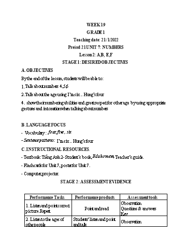 Kế hoạch bài dạy Tiếng Anh Lớp 1 (CV2345) - Tuần 19 - Unit 7: Numbers, Lesson 2 - Năm học 2021-2022 - Phan Thị Phương Thanh