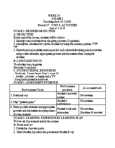 Kế hoạch bài dạy Tiếng Anh Lớp 1 (CV2345) - Tuần 20 - Unit 6: Activities, Lesson 1 - Năm học 2022-2023 - Phan Thị Phương Thanh