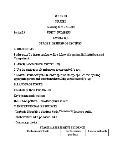 Kế hoạch bài dạy Tiếng Anh Lớp 1 (CV2345) - Tuần 20 - Unit 7: Numbers, Lesson 3 - Năm học 2021-2022 - Phan Thị Phương Thanh