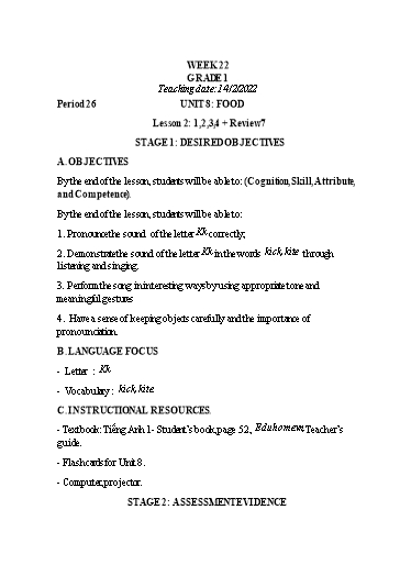 Kế hoạch bài dạy Tiếng Anh Lớp 1 (CV2345) - Tuần 22 - Unit 8: Food, Lesson 2 - Năm học 2021-2022 - Phan Thị Phương Thanh