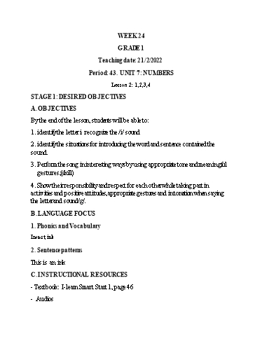 Kế hoạch bài dạy Tiếng Anh Lớp 1 (CV2345) - Tuần 24 - Unit 7: Numbers, Lesson 2 - Năm học 2021-2022 - Phan Thị Phương Thanh
