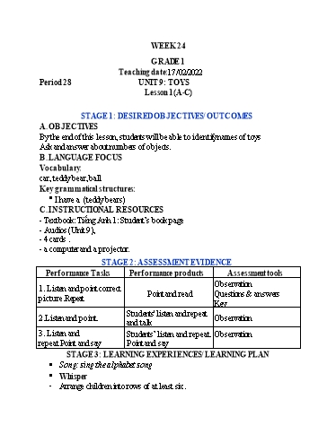 Kế hoạch bài dạy Tiếng Anh Lớp 1 (CV2345) - Tuần 24 - Unit 9: Toys, Lesson 1 - Năm học 2021-2022 - Phan Thị Phương Thanh