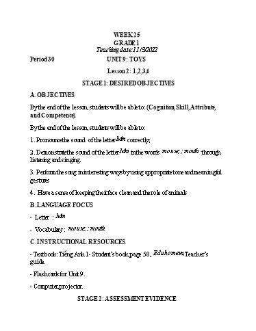 Kế hoạch bài dạy Tiếng Anh Lớp 1 (CV2345) - Tuần 25 - Unit 9: Toys, Lesson 2 - Năm học 2021-2022 - Phan Thị Phương Thanh