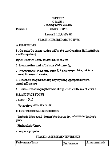 Kế hoạch bài dạy Tiếng Anh Lớp 1 (CV2345) - Tuần 26 - Unit 9: Toys, Lesson 2 - Năm học 2021-2022 - Phan Thị Phương Thanh