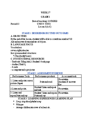 Kế hoạch bài dạy Tiếng Anh Lớp 1 (CV2345) - Tuần 27 - Unit 9: Toys, Lesson 3 - Năm học 2021-2022 - Phan Thị Phương Thanh