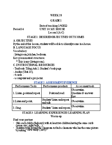Kế hoạch bài dạy Tiếng Anh Lớp 1 (CV2345) - Tuần 28 - Unit 10: My house - Lesson 1 - Năm học 2021-2022 - Phan Thị Phương Thanh