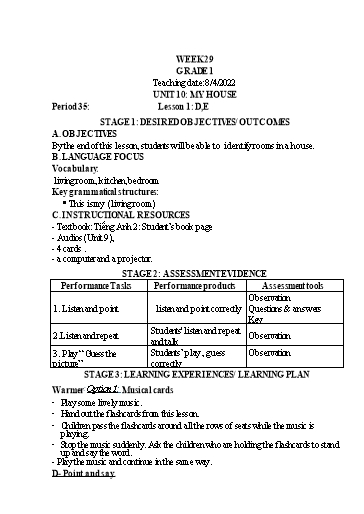 Kế hoạch bài dạy Tiếng Anh Lớp 1 (CV2345) - Tuần 29 - Unit 10: My houses - Lesson 1 - Năm học 2021-2022 - Phan Thị Phương Thanh