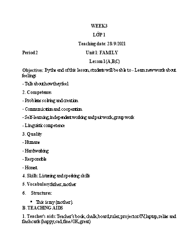 Kế hoạch bài dạy Tiếng Anh Lớp 1 (CV2345) - Tuần 3 - Unit 1: Family - Lesson 1 - Năm học 2021-2022 - Phan Thị Phương Thanh