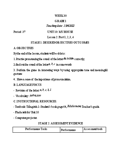 Kế hoạch bài dạy Tiếng Anh Lớp 1 (CV2345) - Tuần 30 - Unit 10: My house - Lesson 2 - Năm học 2021-2022 - Phan Thị Phương Thanh