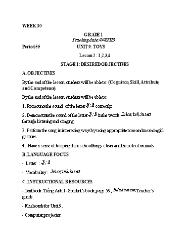 Kế hoạch bài dạy Tiếng Anh Lớp 1 (CV2345) - Tuần 30 - Unit 9: Toys - Lesson 2 - Năm học 2021-2022 - Phan Thị Phương Thanh