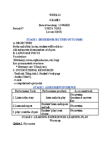 Kế hoạch bài dạy Tiếng Anh Lớp 1 (CV2345) - Tuần 31 - Unit 9: Toys - Lesson 3 - Năm học 2022-2023 - Phan Thị Phương Thanh