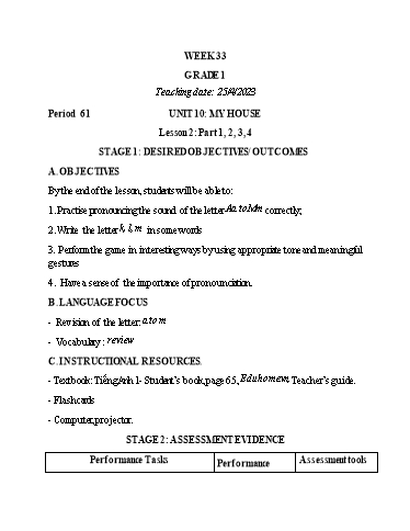 Kế hoạch bài dạy Tiếng Anh Lớp 1 (CV2345) - Tuần 33 - Unit 10: My house, Lesson 2 - Năm học 2022-2023 - Phan Thị Phương Thanh