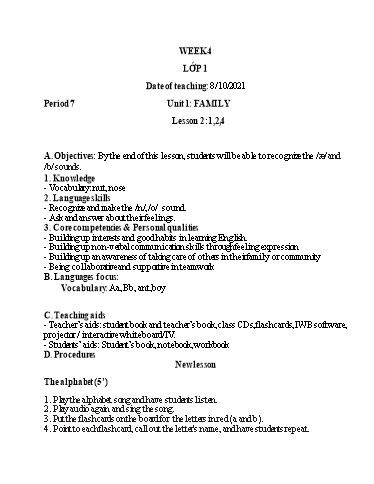 Kế hoạch bài dạy Tiếng Anh Lớp 1 (CV2345) - Tuần 4 - Unit 1: Family - Lesson 2 - Năm học 2021-2022 - Phan Thị Phương Thanh