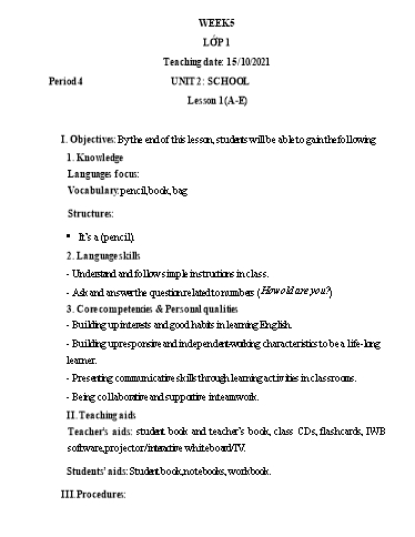 Kế hoạch bài dạy Tiếng Anh Lớp 1 (CV2345) - Tuần 5 - Unit 2: School - Lesson 1 - Năm học 2021-2022 - Phan Thị Phương Thanh