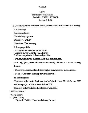 Kế hoạch bài dạy Tiếng Anh Lớp 1 (CV2345) - Tuần 6 - Unit 2: School - Lesson 2 - Năm học 2021-2022 - Phan Thị Phương Thanh