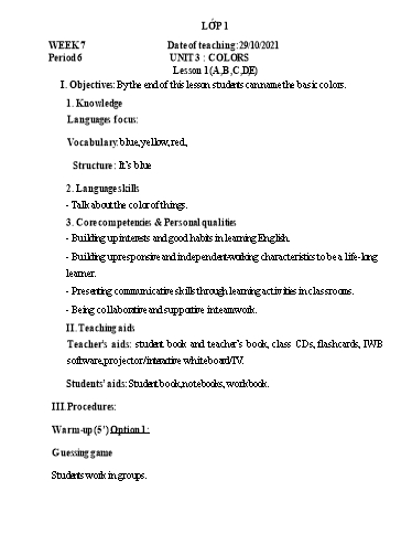 Kế hoạch bài dạy Tiếng Anh Lớp 1 (CV2345) - Tuần 7 - Unit 3: Colors, Lesson 1 - Năm học 2021-2022 - Phan Thị Phương Thanh
