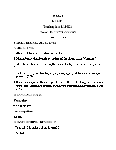 Kế hoạch bài dạy Tiếng Anh Lớp 1 (CV2345) - Tuần 8 - Unit 3: Colors, Lesson 1 - Năm học 2022-2023 - Phan Thị Phương Thanh