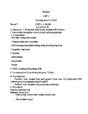 Kế hoạch bài dạy Tiếng Anh Lớp 1 (CV2345) - Tuần 8 - Unit 3: Colors, Lesson 3 - Năm học 2022-2023 - Phan Thị Phương Thanh