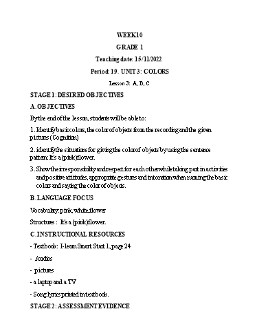 Kế hoạch bài dạy Tiếng Anh Lớp 1 - Tuần 10 - Unit 4: My body, Lesson 3 - Năm học 2022-2023 - Phan Thị Phương Thanh