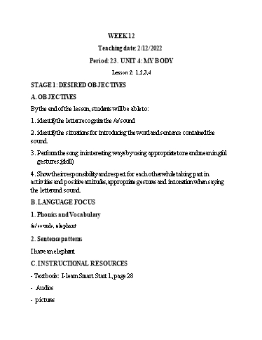 Kế hoạch bài dạy Tiếng Anh Lớp 1 - Tuần 12 - Unit 4: My body, Lesson 2 - Năm học 2022-2023 - Phan Thị Phương Thanh