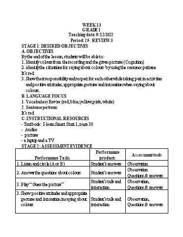 Kế hoạch bài dạy Tiếng Anh Lớp 1 - Tuần 13 - Tiết 25: Reviews 3 - Năm học 2022-2023 - Phan Thị Phương Thanh