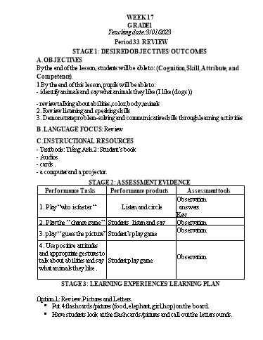 Kế hoạch bài dạy Tiếng Anh Lớp 1 - Tuần 17 - Tiết 33: Review - Năm học 2022-2023 - Phan Thị Phương Thanh