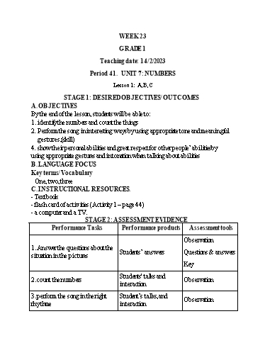 Kế hoạch bài dạy Tiếng Anh Lớp 1 - Tuần 23 - Unit 7: Numbers, Lesson 1 - Năm học 2022-2023 - Phan Thị Phương Thanh