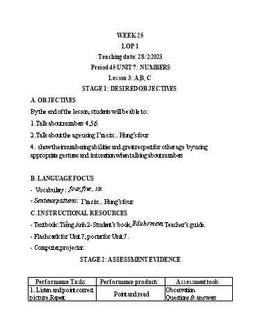Kế hoạch bài dạy Tiếng Anh Lớp 1 - Tuần 25 - Unit 7: Numbers, Lesson 3 - Năm học 2022-2023 - Phan Thị Phương Thanh
