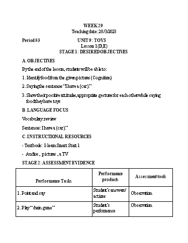 Kế hoạch bài dạy Tiếng Anh Lớp 1 - Tuần 29 - Unit 9: Toys, Lesson 1 - Năm học 2022-2023 - Phan Thị Phương Thanh