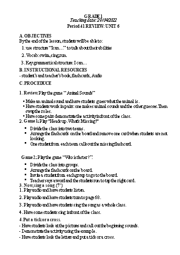 Kế hoạch bài dạy Tiếng Anh Lớp 1 - Tuần 32 - Tiết 41: Review unit 6 - Năm học 2022-2023 - Phan Thị Phương Thanh