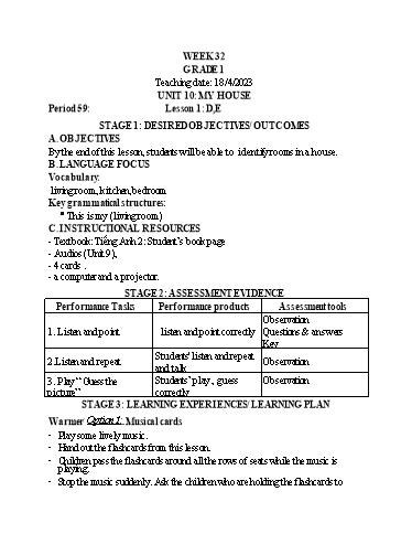 Kế hoạch bài dạy Tiếng Anh Lớp 1 - Tuần 32 - Unit 10: My house - Lesson 1 - Năm học 2022-2023 - Phan Thị Phương Thanh