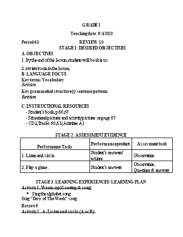 Kế hoạch bài dạy Tiếng Anh Lớp 1 - Tuần 33 - Tiết 63: Review 10 - Năm học 2022-2023- Phan Thị Phương Thanh