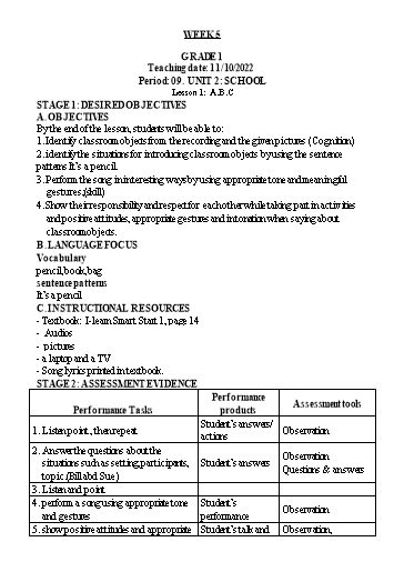 Kế hoạch bài dạy Tiếng Anh Lớp 1 - Tuần 5 - Unit 2: School - Lesson 1 - Năm học 2022-2023 - Phan Thị Phương Thanh