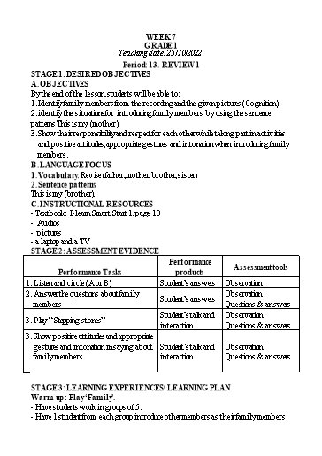 Kế hoạch bài dạy Tiếng Anh Lớp 1 - Tuần 7 - Tiết 13: Review 1 - Năm học 2021-2022 - Phan Thị Phương Thanh