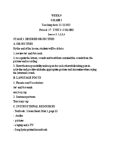 Kế hoạch bài dạy Tiếng Anh Lớp 1 - Tuần 9 - Unit 3: Colors, Lesson 2 - Năm học 2022-2023 - Phan Thị Phương Thanh