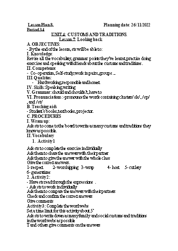 Kế hoạch bài dạy Tiếng Anh Lớp 6 - Tuần 12, Unit 4: Customs and traditions - Lesson 7 - Năm học 2022-2023 - Trường THCS Trần Kim Xuyến