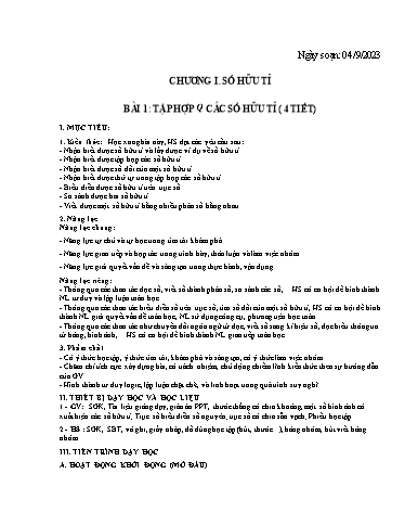 Kế hoạch bài dạy Toán 7 - Chương 1, Bài 1: Tập hợp Q các số hữu tỉ (4T) - Năm học 2023-2024 - Trường THCS Trần Kim Xuyến
