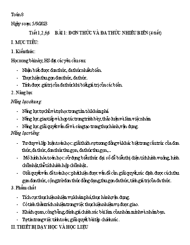 Kế hoạch bài dạy Toán 8+9 -Tuần 1 - Năm học 2023-2024 - Trường THCS Trần Kim Xuyến