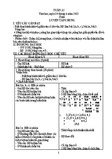 Kế hoạch bài dạy Toán + Tiếng Việt 5 - Tuần 32 - Năm học 2021-2022 - Phan Thị Thu Hiền
