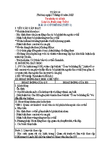 Kế hoạch bài dạy Tự nhiên và xã hội 1+2 + Đạo đức 1 - Tuần 19 - Năm học 2021-2022 - Phạm Chí Công