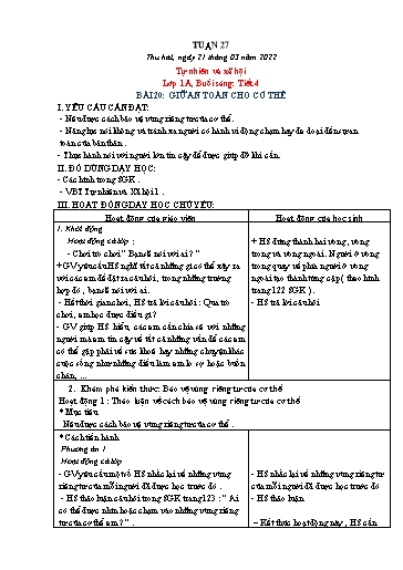 Kế hoạch bài dạy Tự nhiên và xã hội 1+2 + Đạo đức 1 - Tuần 27 - Năm học 2021-2022 - Phạm Chí Công