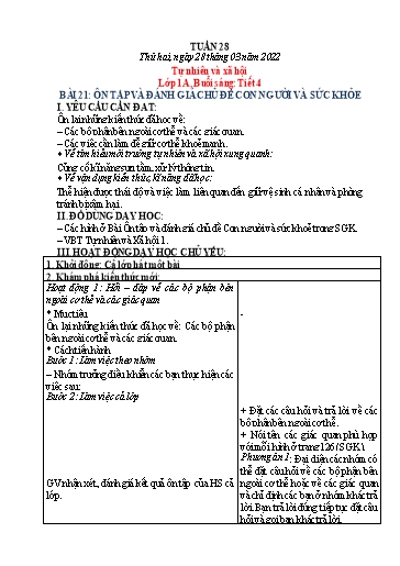 Kế hoạch bài dạy Tự nhiên và xã hội 1+2 + Khoa học 4 - Tuần 28 - Năm học 2021-2022 - Phạm Chí Công